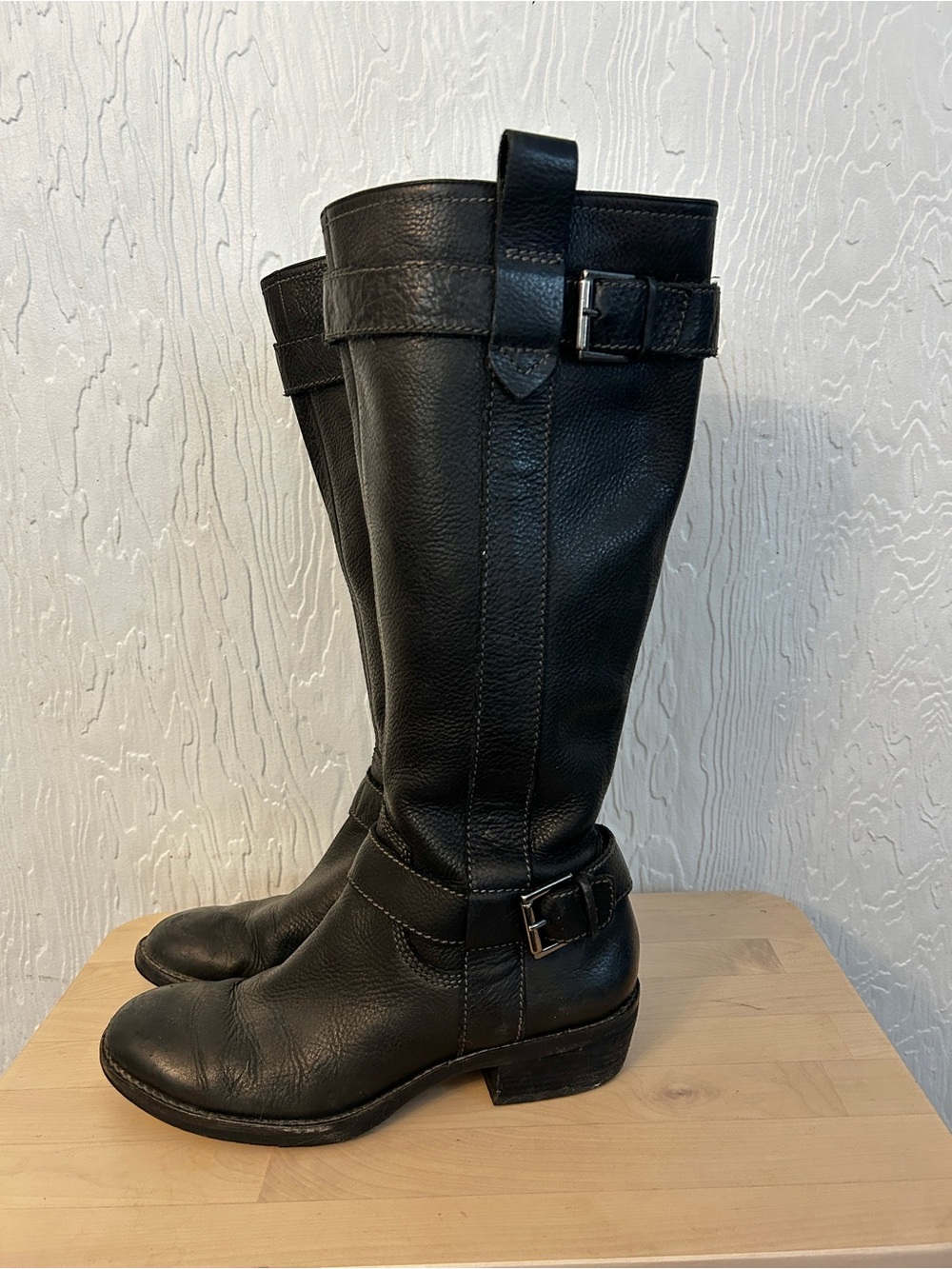 GEOX Black Knee High Leather Boots 38 Riding Western Moto Buckles Pull On Fall